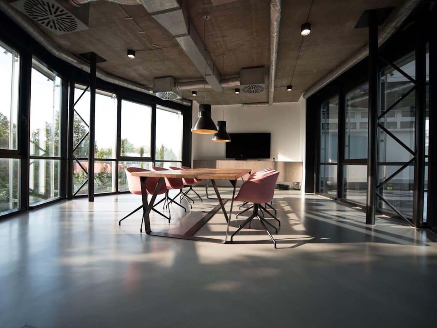 Spotless conference room ready for business after office cleaning